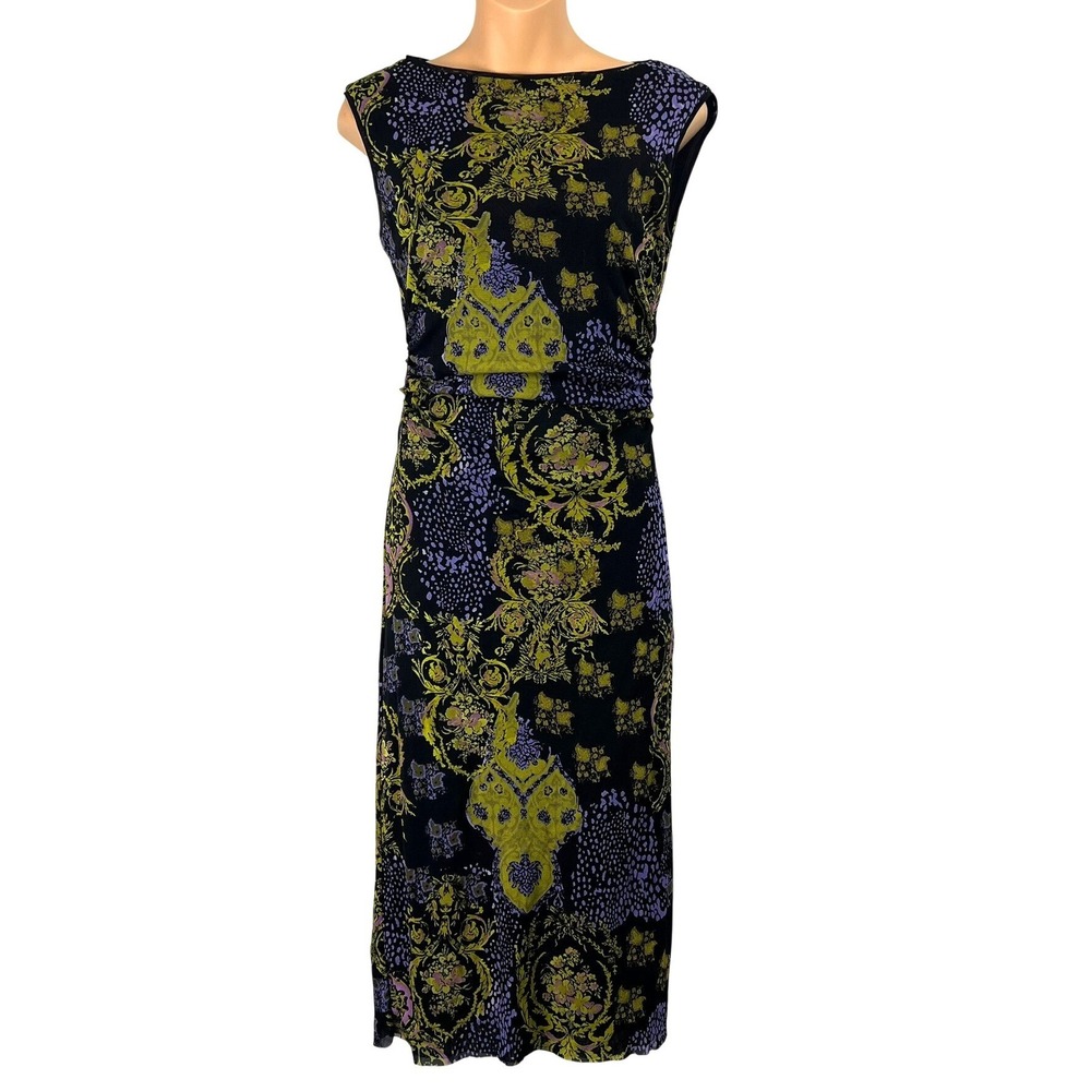 Kay Unger Stretchy Mesh Damask Ruched Midi Dress Sz S Whimsigoth Dark Floral Y2k